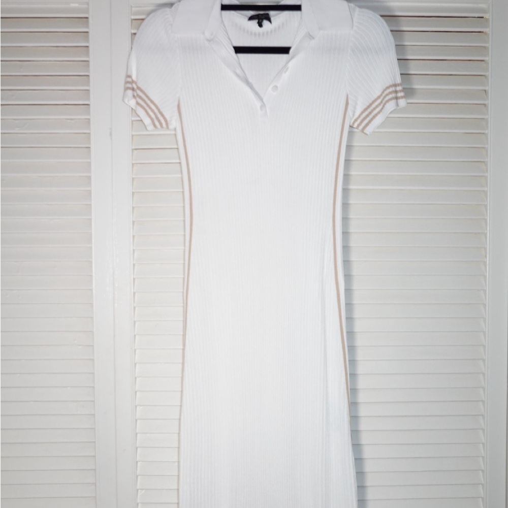 rag & bone White Ribbed Polo Midi Dress with Tan Trim